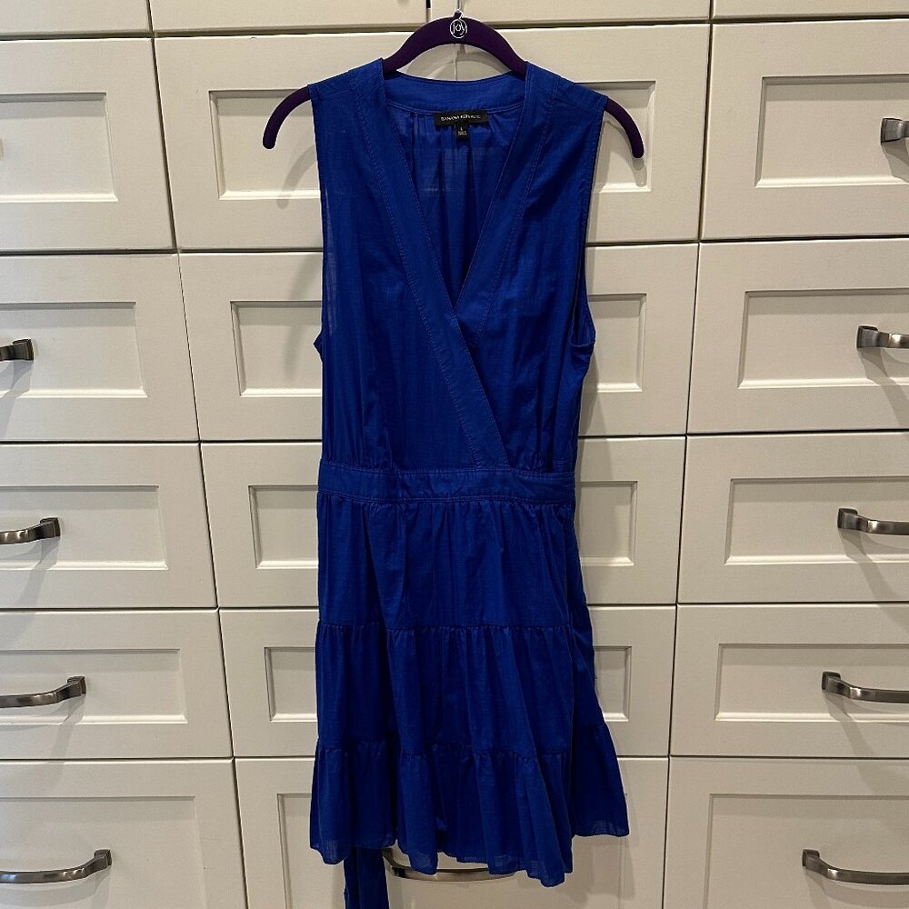 Banana Republic Cotton Stampa Wrap Tiered Mini Dress, Blue, Size Large